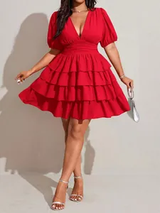 Elegant plus size red tiered mini dress with deep V-neck and puff sleeves for summer