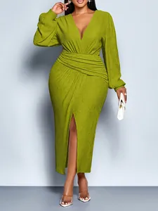 Elegant lime green pleated long sleeve dress with deep V-neck and sexy front split