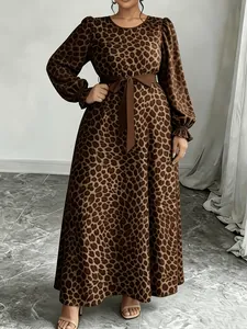 Elegant leopard print maxi dress with round neck, cinched waist, and ruffled cuffs