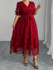 Damen Plus Size V-Ausschnitt Spitze Midikleid Elegant Schmetterlingsmuster Flatterärmel A-Linie Partykleid Sommer Casual