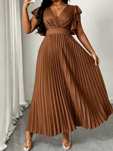 Elegante abito midi marrone con scollo a V, maniche a balze e gonna a trapezio plissettata