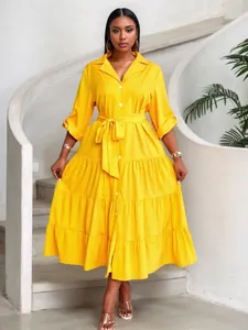 Robe chemise mi-longue jaune élégante avec col POLO classique et ceinture assortie