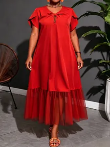 Red plus size summer midi dress featuring short sleeves and a stylish mesh ruffle hem.