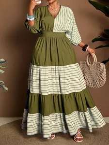 Elegant plus size olive green and striped patchwork tiered V-neck maxi dress for women