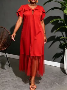 Red plus size midi dress featuring a stylish mesh splicing hem and short flutter sleeves