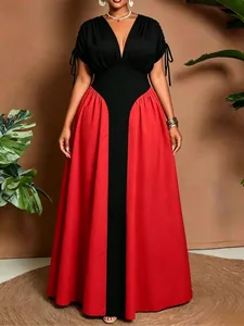 Elegant black and red color-block V-neck maxi dress with drawstring sleeves for summer