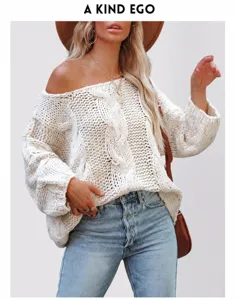 Detailed view of women's chunky cable knit off-shoulder sweater in stylish white