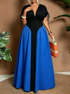 Elegant V-neck color block maxi dress featuring a high waist and stylish pleated skirt