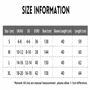 Detailed size chart for the loose cable knit sweater with multi-region measurements