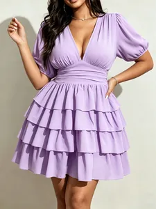 Stylish lavender V-neck tiered mini dress with puff sleeves for a summer fashion look