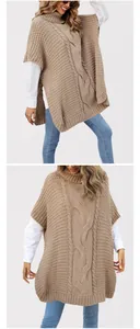 Detailed view of khaki turtleneck cable knit poncho sweater vest with loose fit