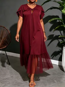 Elegant plus size maroon midi dress featuring a mesh ruffle hem for summer fashion wear