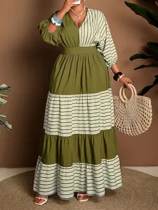 Full view of olive green colorblock striped V-neck maxi dress with half sleeves