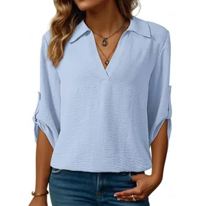Blusa con Cuello en V para Mujer Manga Tres Cuartos Color Sólido Texturizada Ajuste Holgado Túnica Casual Top Camisa de Poliéster