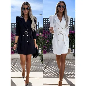 Elegant double-breasted blazer dress with belted waist, puff sleeves, and diamond buckle