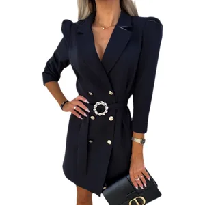 Elegant black double-breasted blazer dress with stylish puffed sleeves and belted waist
