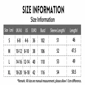 Comprehensive size chart for women's striped long sleeve knit sweater showing CM dimensions