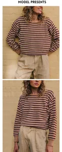 Detailed view of striped long-sleeve knit sweater featuring a round neck and relaxed fit
