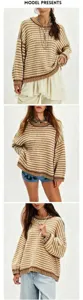 Drie aanzichten van een oversized gestreepte gebreide damestrui in bruin en beige