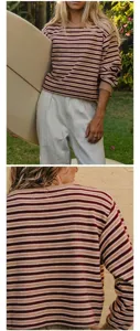 Detailed views of a casual striped crew neck knit sweater with brown and beige tones.
