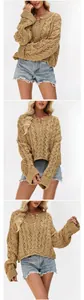 Detailed views of women's chunky tan knit sweater with hollow-out pattern and buttons