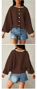 Gedetailleerde voor- en achteraanzichten van een bruin oversized gebreid vestje