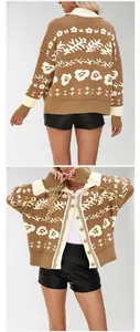 Front and back view of a brown loose knitted cardigan with white floral patterns.