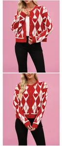Détails d'un cardigan en maille à losanges et cœurs rouges avec boutons pour femme.