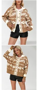 Stylish women's vintage floral knit cardigan with buttons and loose fit in brown
