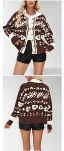 Detailed view of a vintage brown floral knit cardigan featuring a white collar and buttons