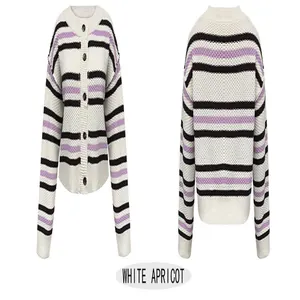 Vue recto-verso du cardigan en tricot rayé au design color-block blanc et abricot