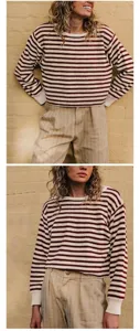 Detailed visual of a women's horizontal striped knit sweater featuring a ribbed crewneck