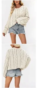 Detailed front and back views of a beige open-knit buttoned cropped sweater for women.