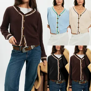 Cárdigan de Punto para Mujer con Cuello en V y Botones Contraste de Bloques de Color a Rayas Ajuste Holgado Suéter de Manga Larga Chaqueta Casual