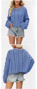 Front and back detail view of a stylish blue hollow cable knit sweater with buttons for women