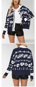 Professional studio shots showing the front and back views of a blue knit floral cardigan.