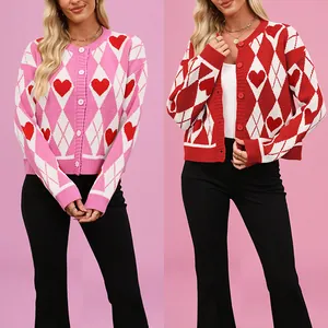 Gilet en Tricot Vintage Argyle Cœur pour Femmes Acrylique Motif de Cœur Jacquard Colorblock Pull à Manches Longues Boutonné Ample