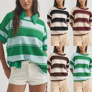 Dames Gestreepte Korte Mouw Gebreide Trui Losse Ronde Hals Kleurblok Gebreid T-Shirt Top Voor Herfst Winter Casual Vakantie