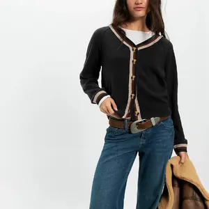 Cárdigan de punto casual para mujer con botones y ribetes en contraste para otoño