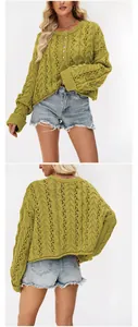 Detailed view of the front and back of the olive green chunky knit button sweater