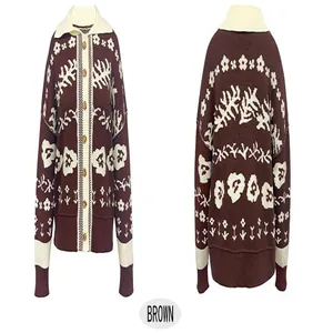 Detailed front and back views of a brown women's knit cardigan with floral patterns