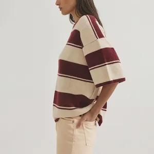 Dames casual gestreepte gebreide trui met korte mouwen in bordeaux en crème beige