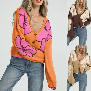 Gilet en Maille Jacquard Floral pour Femmes Pull à Col en V et Boutons Manches Longues Décontracté Top Vintage
