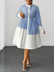 Elegant blue and white striped patchwork button-down midi dress for women's fashion