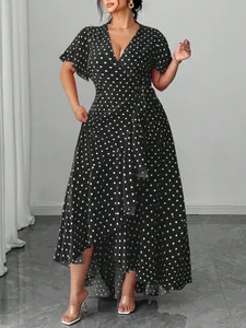 Elegant black and white polka dot V-neck wrap maxi dress with ruffled sleeves for women