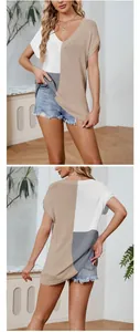 Front and back view of a loose V-neck color-block knit short sleeve top for women