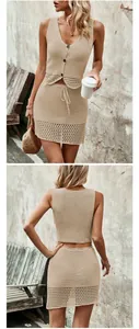 Detailed front and back view of a women's beige boho crochet knit vest and mini skirt set