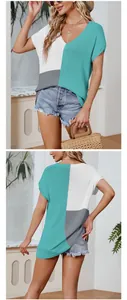 Women's loose V-neck color-block knit top in teal, white, and grey, front and back views.