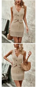 Detailed view of beige crochet V-neck vest and skirt set with stylish straw bag