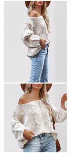 Close-up of beige off-the-shoulder chunky cable knit sweater with relaxed fit